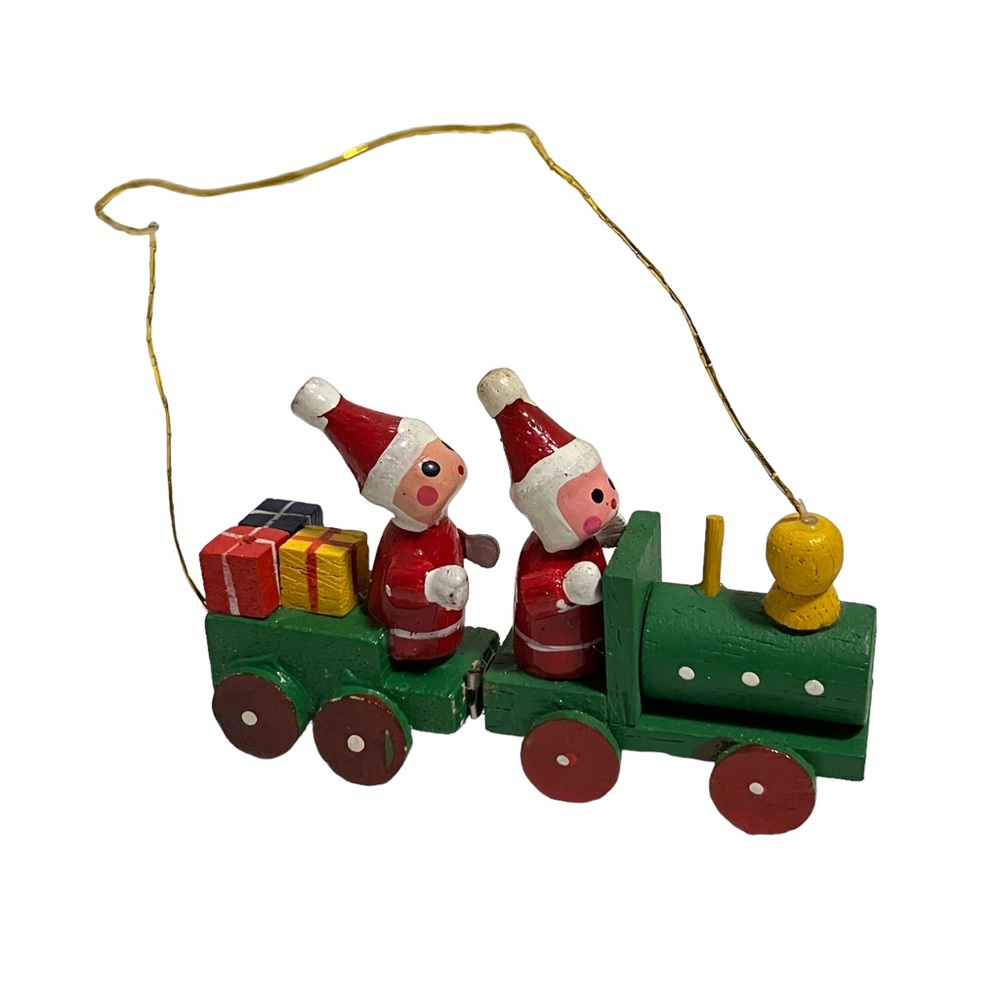Vintage Wooden Santa Green Train Christmas Ornament